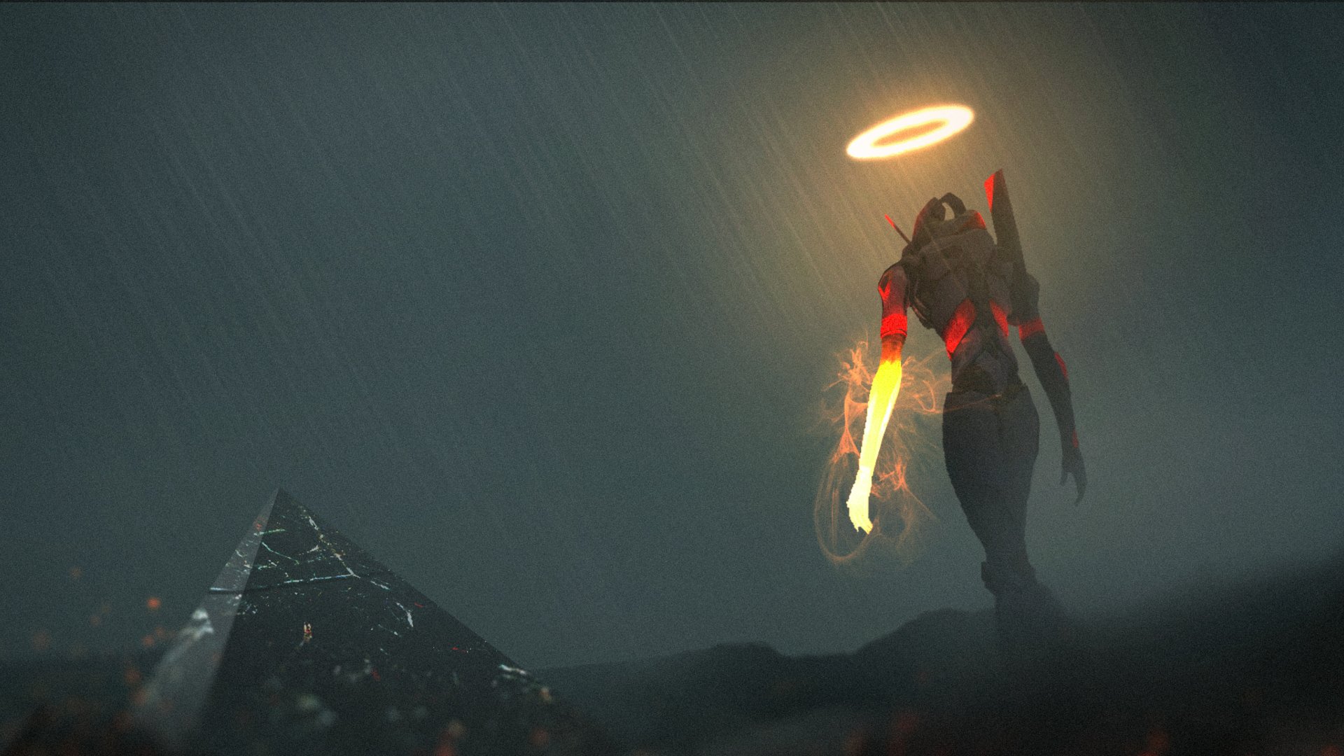 HD PC desktop wallpaper featuring Evangelion Unit-01 from Neon Genesis Evangelion, depicted with a glowing halo in a dark, rainy atmosphere.