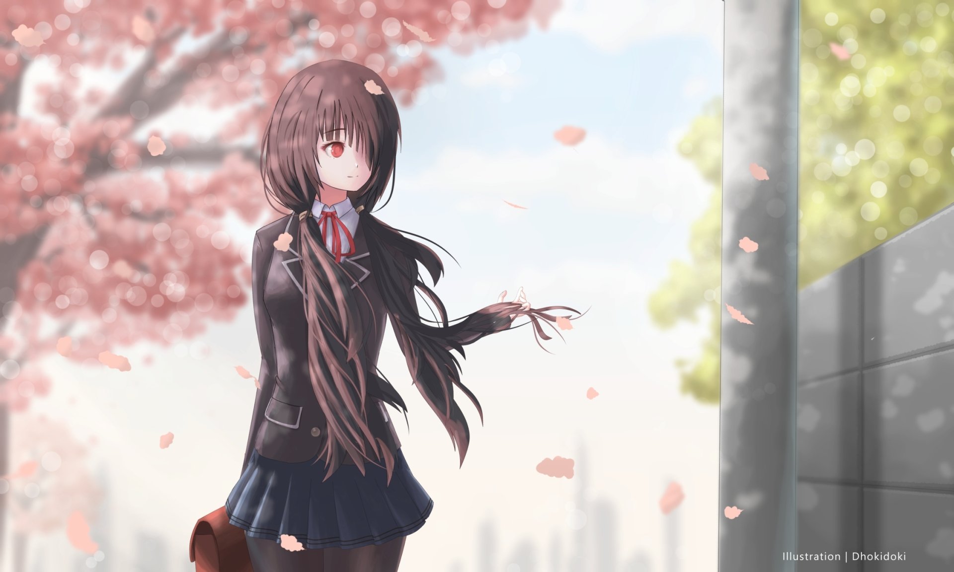 HD anime desktop wallpaper featuring Kurumi Tokisaki from Date A Live standing under cherry blossoms with petals drifting in the breeze.