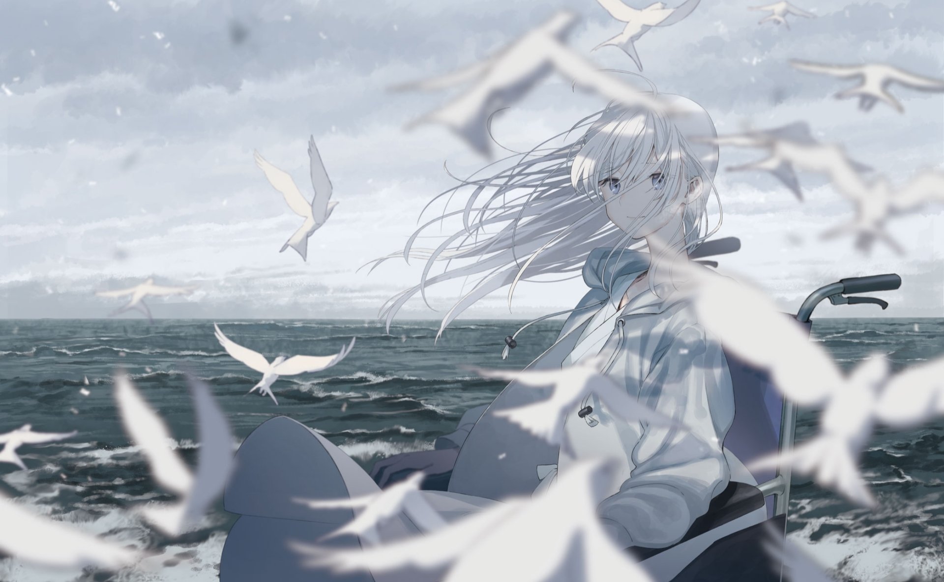 Anime-style HD desktop wallpaper of a girl in a wheelchair by the sea, surrounded by flying birds, blending original art with a serene coastal atmosphere.
