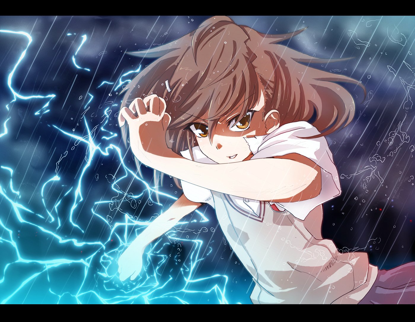 HD anime wallpaper of Mikoto Misaka from A Certain Scientific Railgun, featuring her in a school uniform with short brown hair and brown eyes, surrounded by electric sparks.