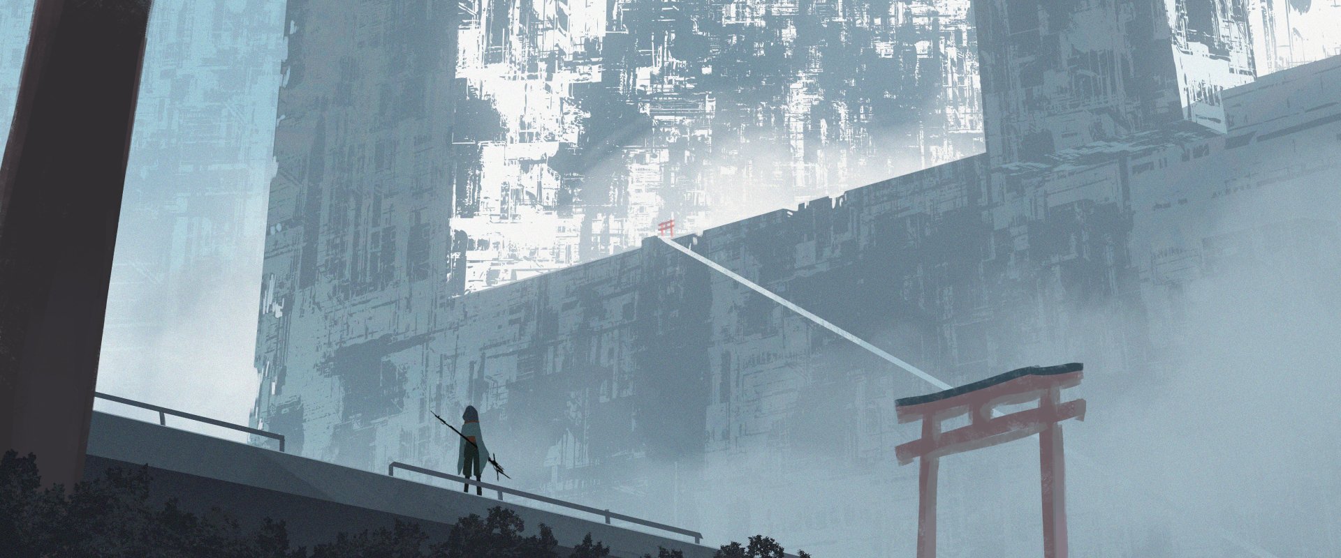 A captivating 4K Ultra HD fantasy anime wallpaper featuring a mysterious figure standing before an imposing structure, enhanced by ethereal lighting and a serene atmosphere.