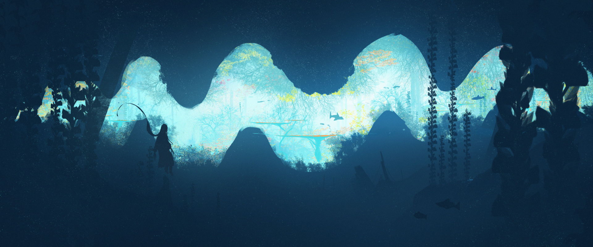 4K Ultra HD anime-style underwater scene with abstract glowing shapes and marine life, designed as a vivid PC desktop wallpaper and background.