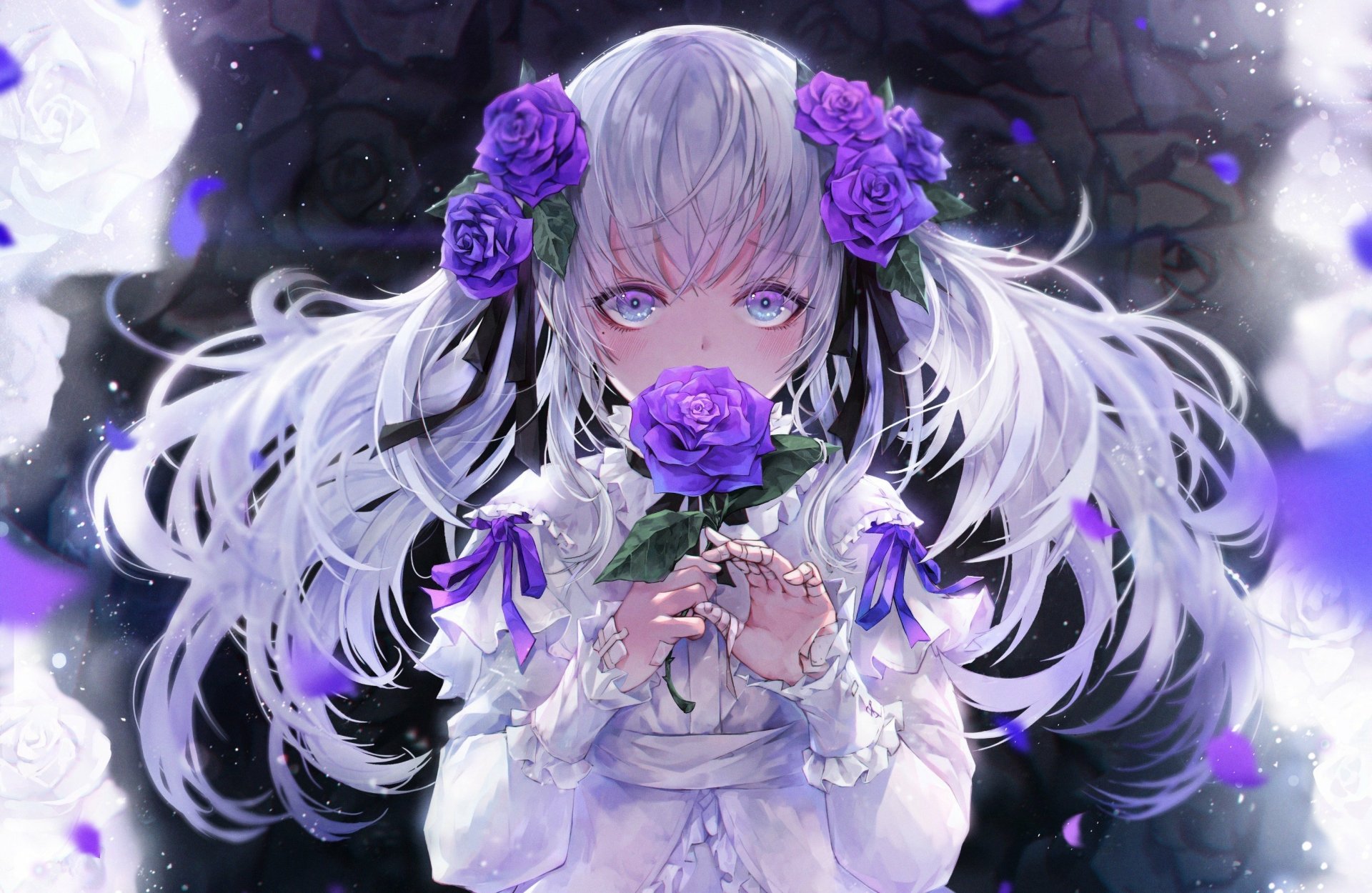 Download White Hair Flower Anime Original HD Wallpaper by CrystalHerb