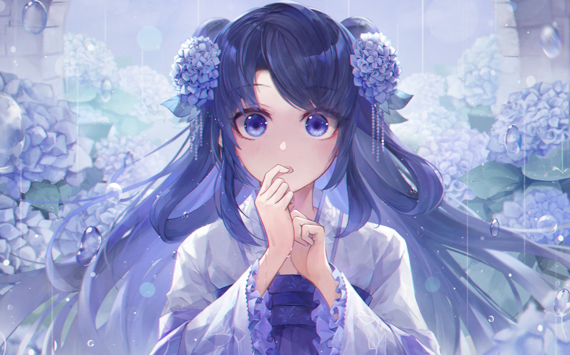 Anime character with long purple hair, wearing a white kimono, and large purple eyes. She stands amidst blooming hydrangeas in a soft, dreamy background. HD desktop wallpaper and background.