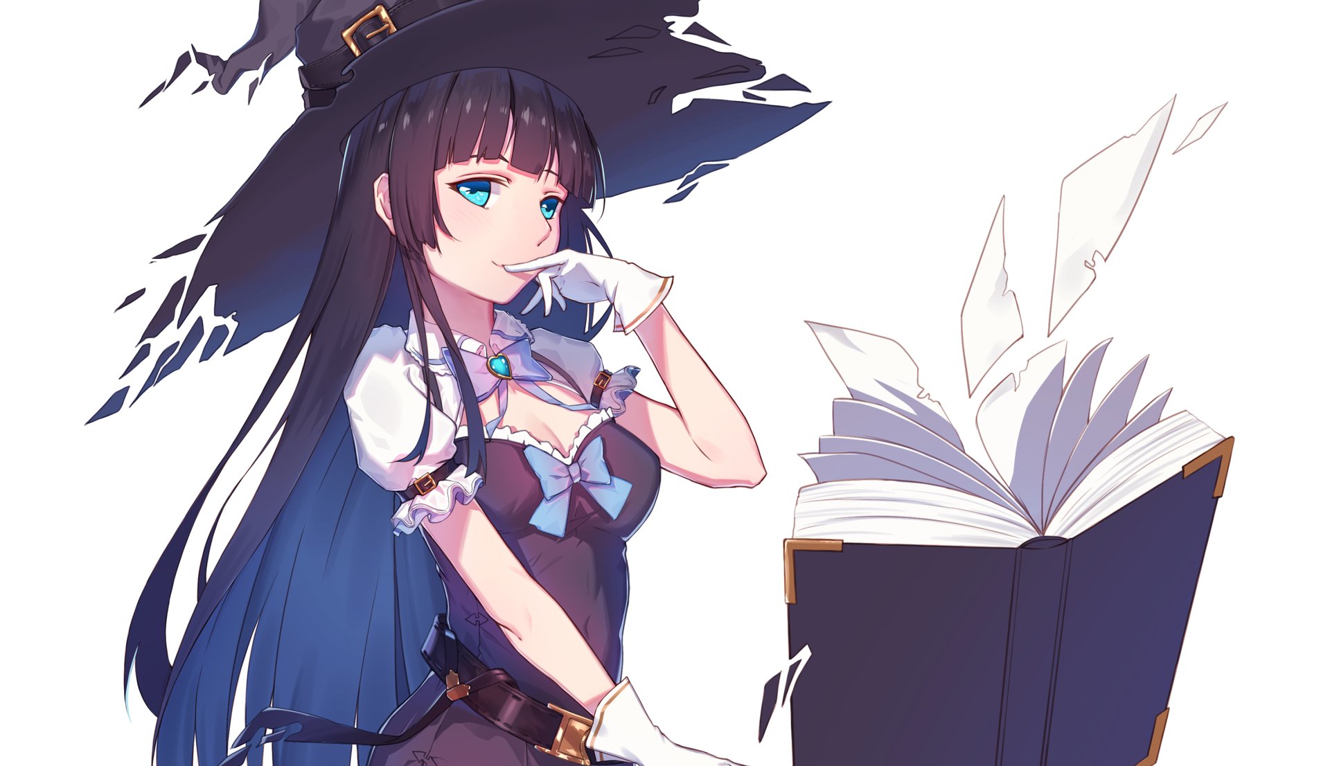 Anime witch with blue eyes, wearing a black hat and white gloves, holding a spellbook with floating pages on a HD desktop wallpaper background.