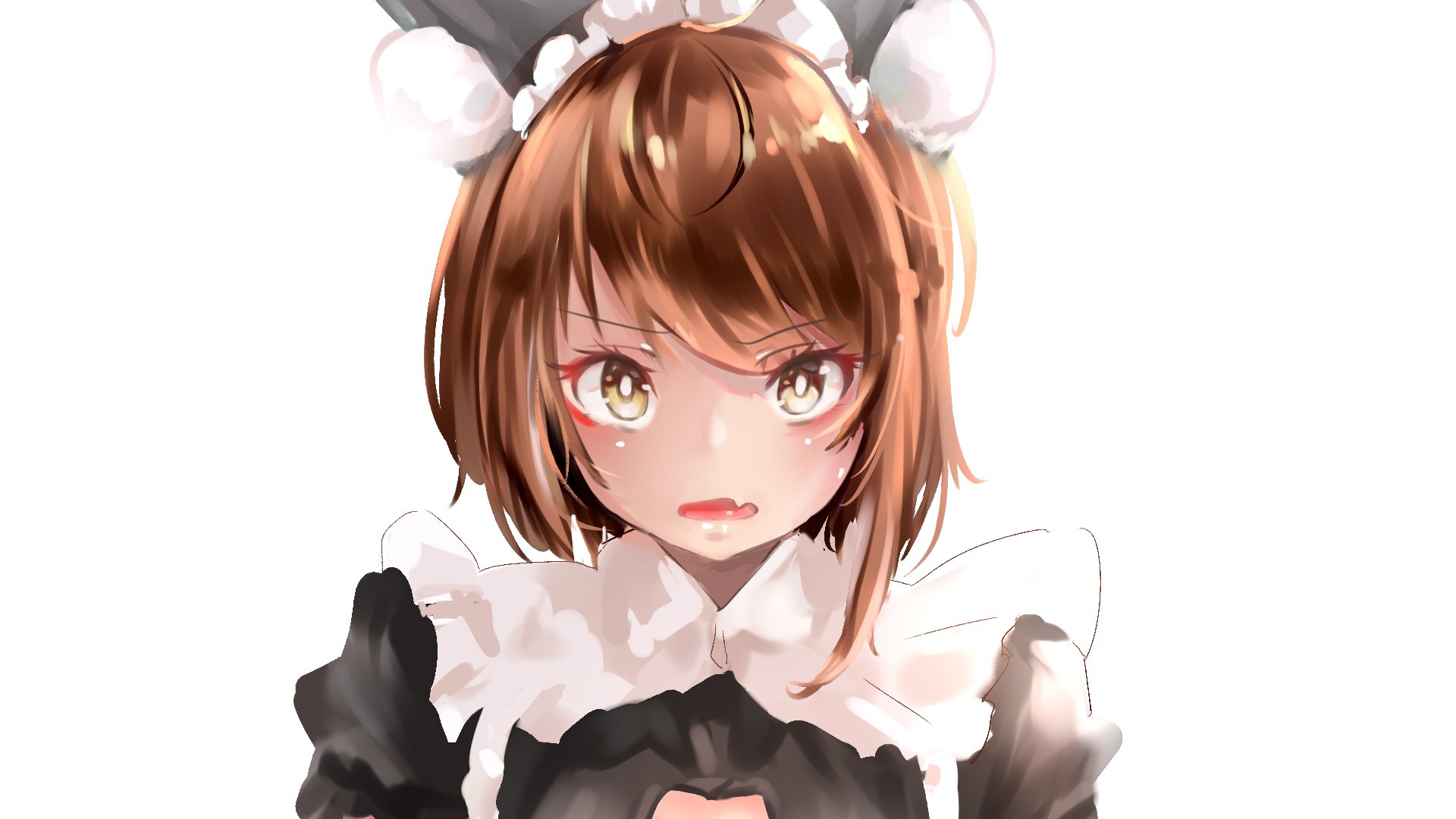 Anime-style original character with brown hair and expressive eyes, wearing a black and white maid outfit, designed as an HD PC desktop wallpaper.
