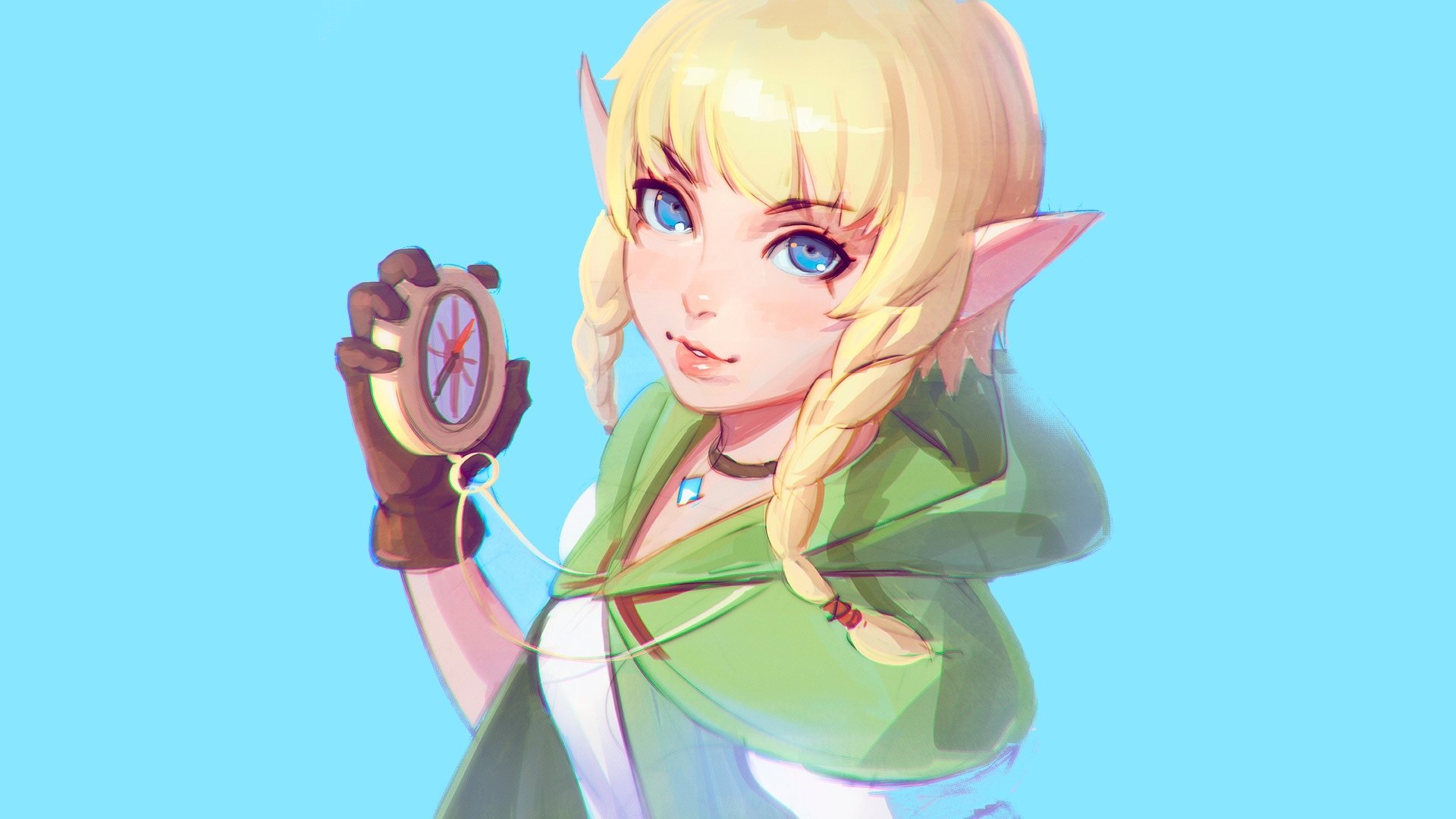 HD PC wallpaper of Linkle — blonde elf with pointed ears and blue eyes, braided hair and green cloak, holding a compass against a pale blue background.