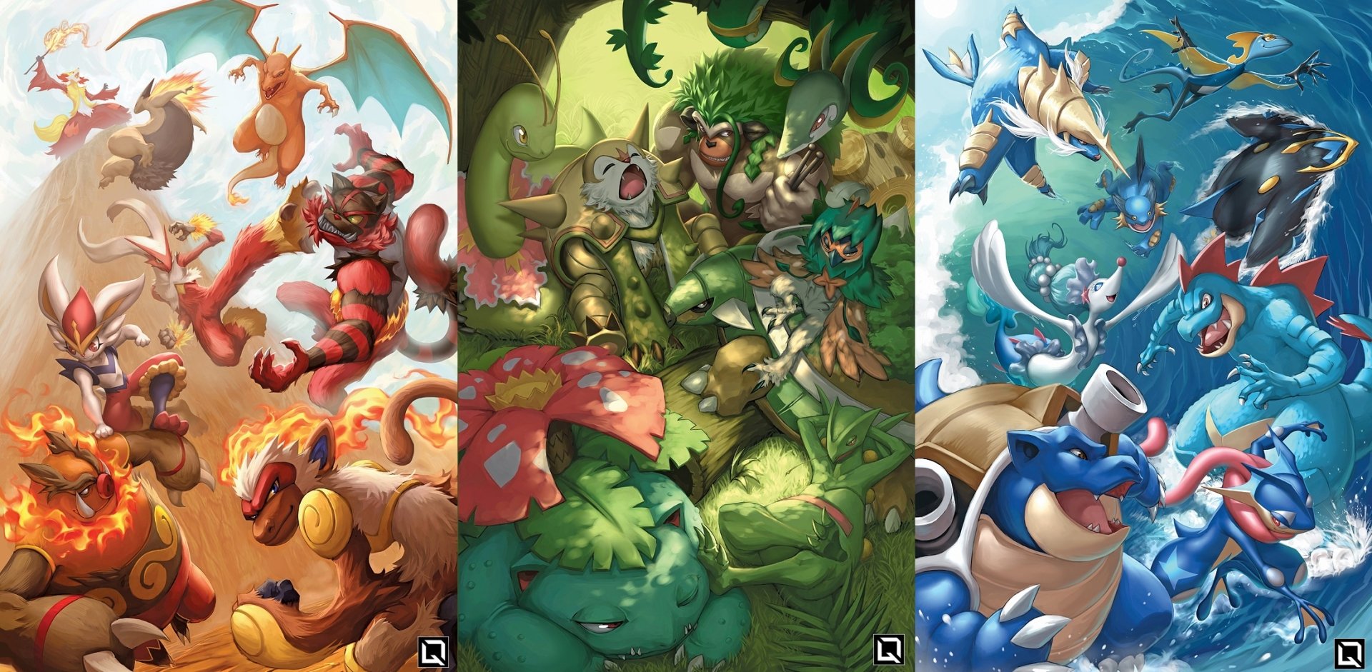 HD PC desktop wallpaper featuring dynamic artwork from the video game Pokémon: Sword and Shield, showcasing various Pokémon in vibrant action scenes across three panels.