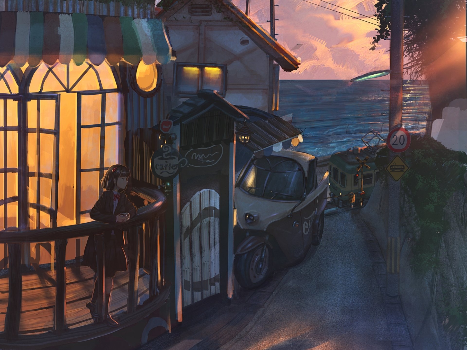 Download Sea Sunset Cafe Anime Original Anime Sunset HD Wallpaper by ナコモ