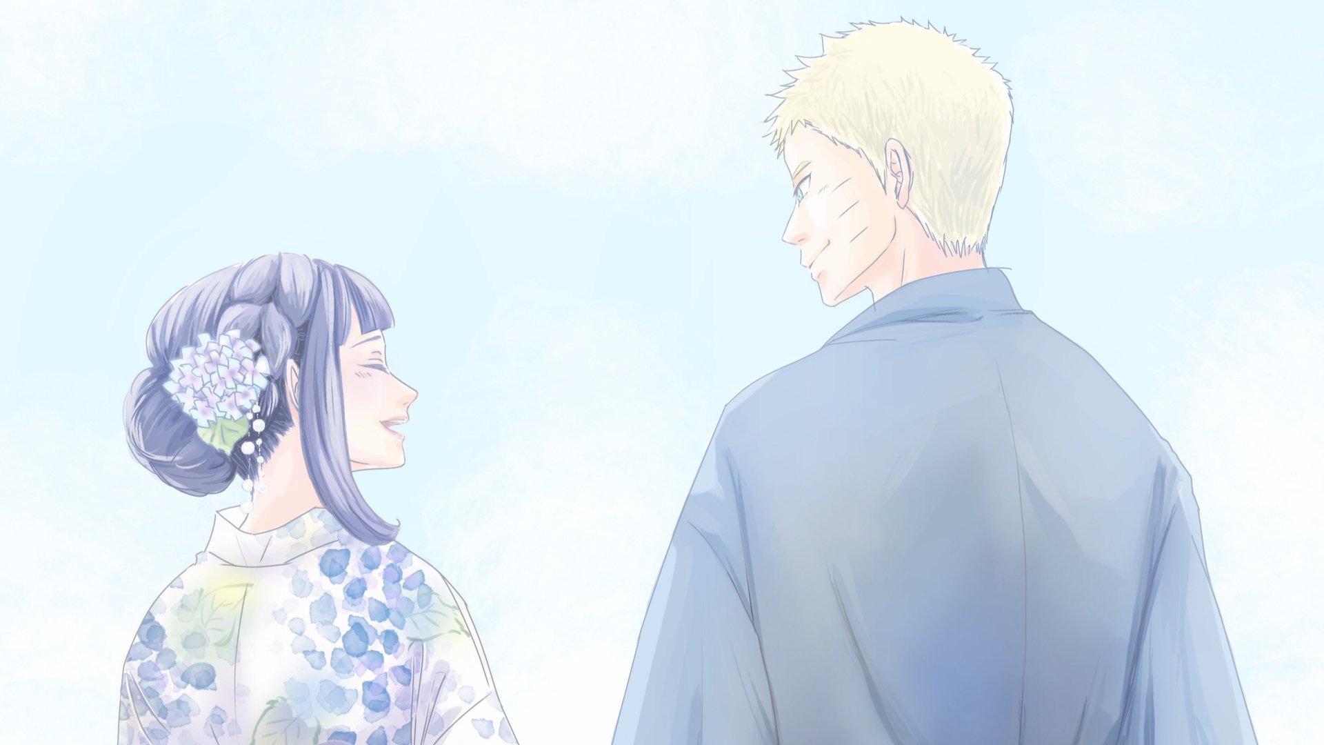 HD PC desktop wallpaper of anime Hinata Hyuga and Naruto Uzumaki smiling at each other against a soft pastel sky — Naruto & Hinata from Naruto.