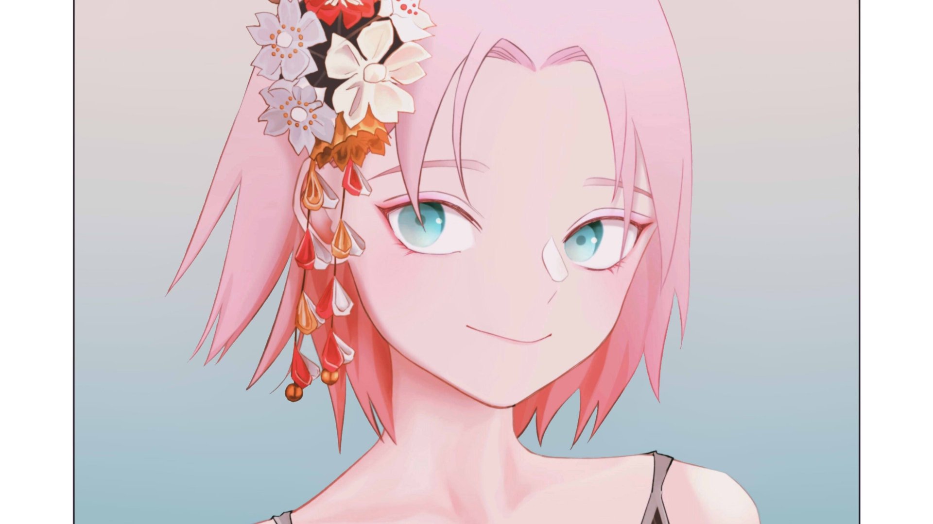 Sakura Haruno (Naruto) — anime portrait with pink hair, teal eyes, floral hair ornaments and a soft smile; 2K Quad HD PC desktop wallpaper/background.