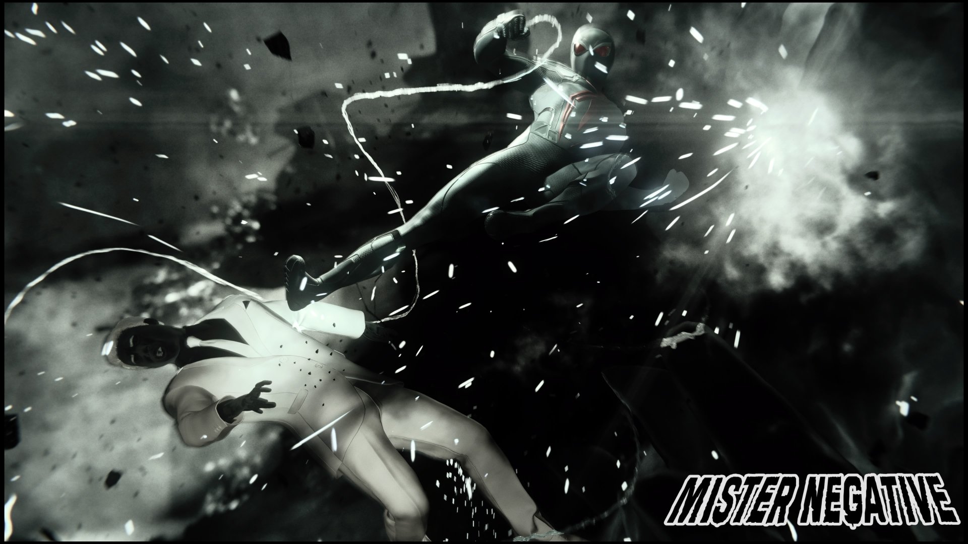 4K Ultra HD PC desktop wallpaper from the Spider-Man (PS4) video game: Spider-Man swings through a noir explosion of sparks and debris, MISTERNEGATIVE logo.