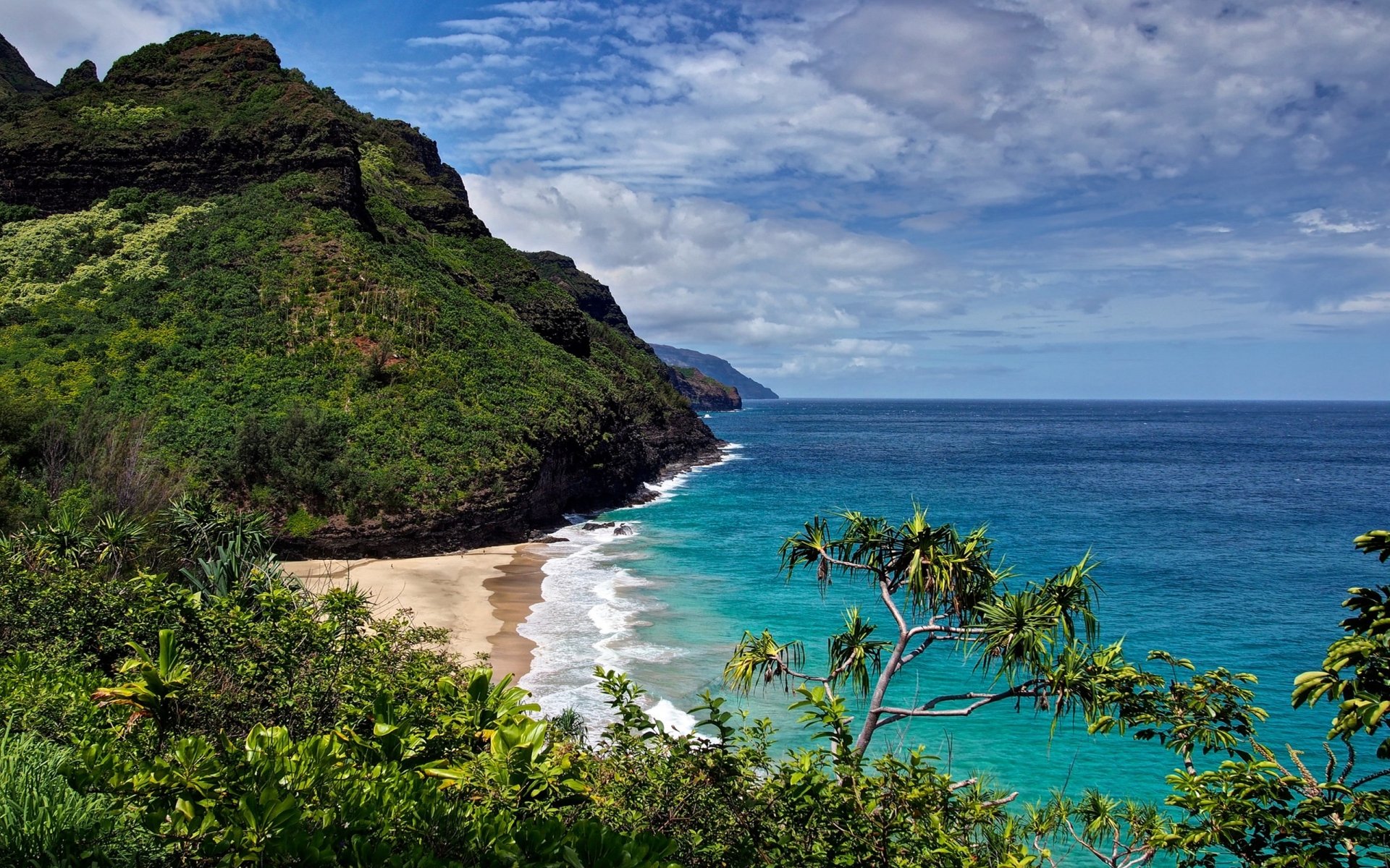 Turquoise ocean and sandy beach beneath lush green cliffs and blue sky in Hawaii — nature 2K Quad HD PC desktop wallpaper.