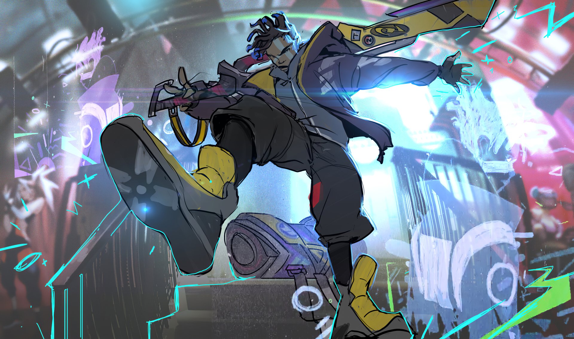 4K Ultra HD PC wallpaper featuring Ekko from League of Legends in dynamic action, showcasing vibrant colors and futuristic urban elements from the video game.