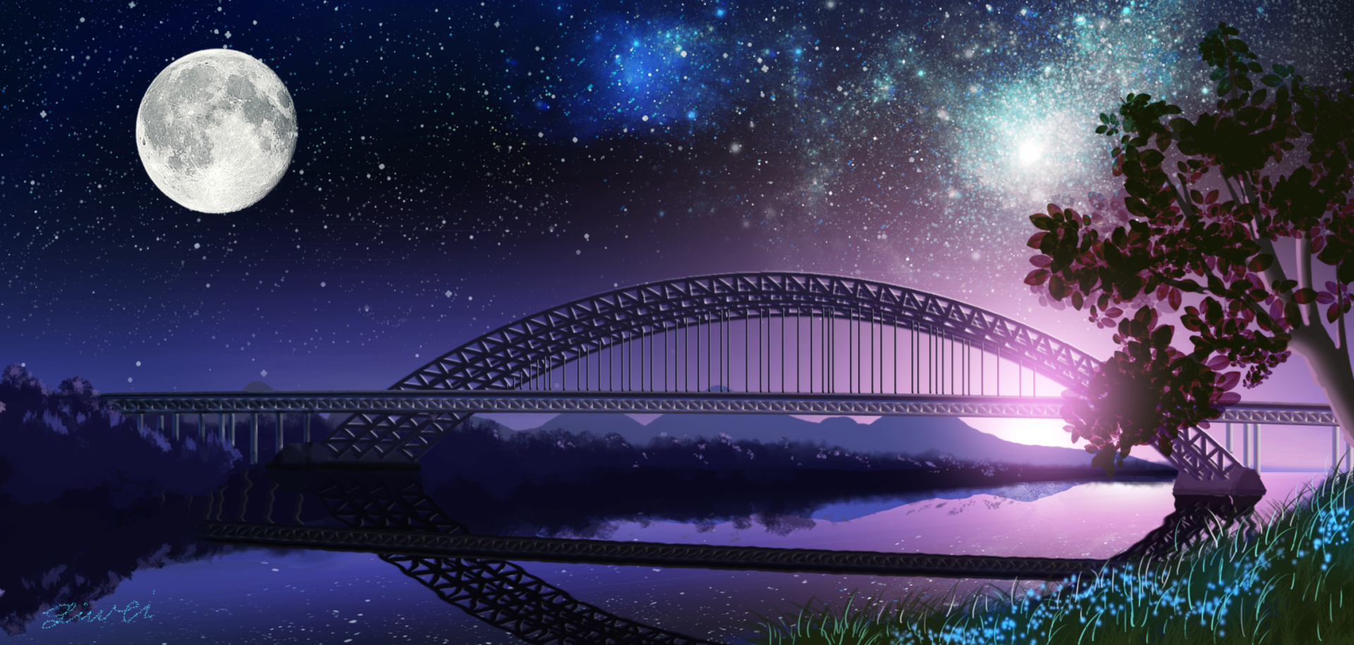 Anime-style HD desktop wallpaper depicting a starry night with a full moon, a bridge over a calm lake, and vivid reflections under a vibrant, colorful sky.