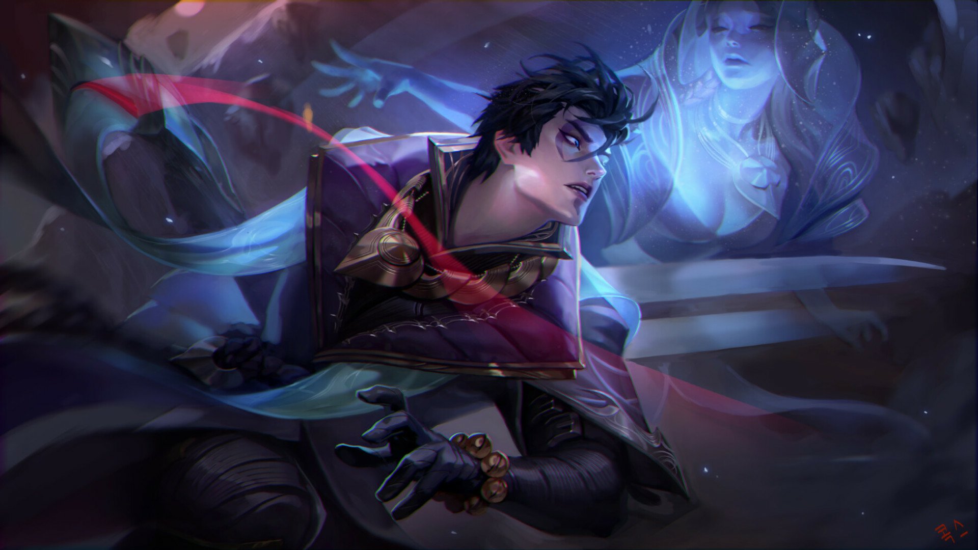 HD PC desktop wallpaper of Aphelios (League of Legends): brooding, moonlit marksman surrounded by spectral blue figures and swirling ribbons, cinematic video game artwork.