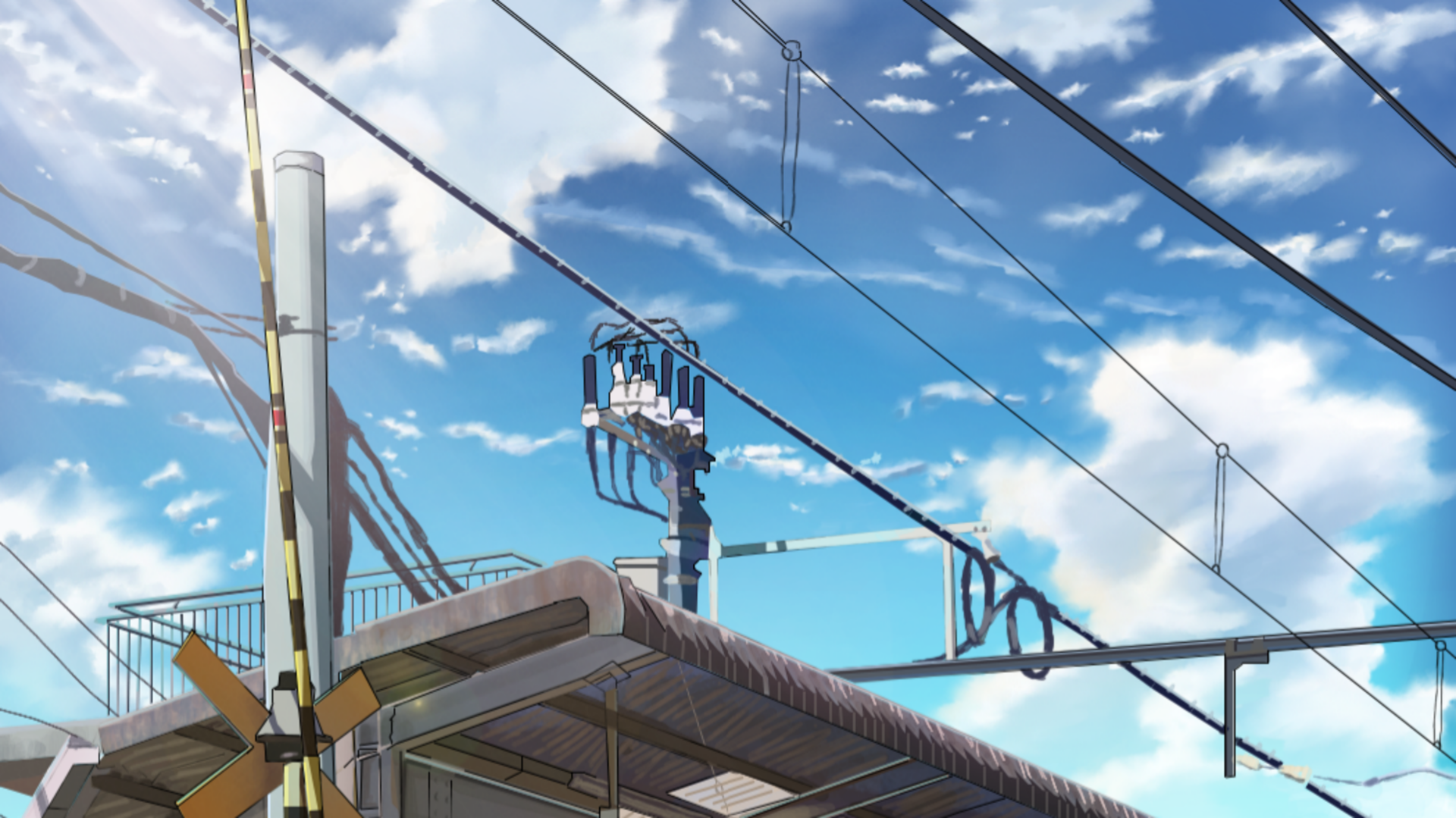 HD anime-style desktop wallpaper featuring a bright blue sky with scattered clouds and detailed overhead power lines in an original sky anime design.