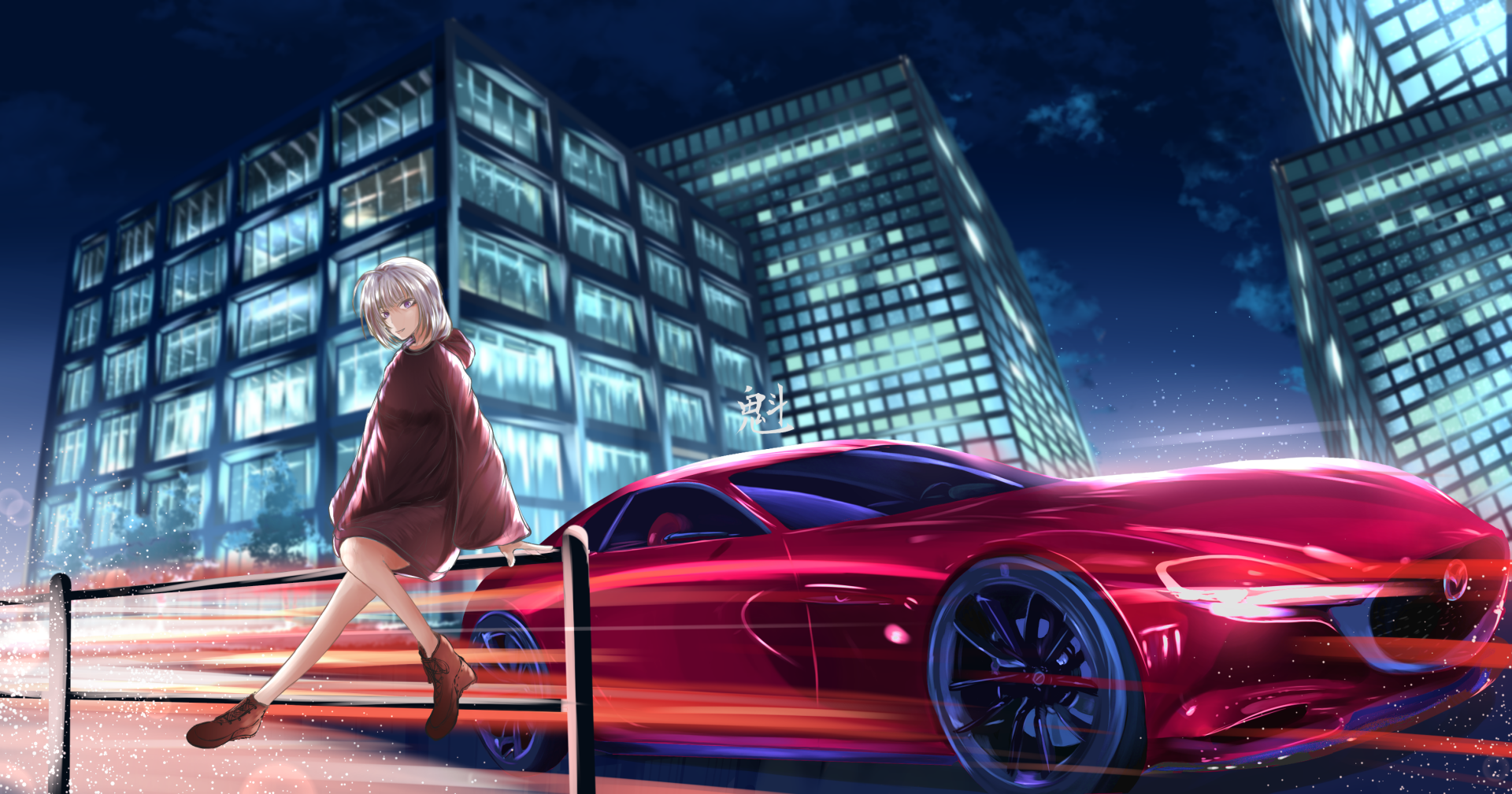 Download City Night Anime Car HD Wallpaper by ツチヤ