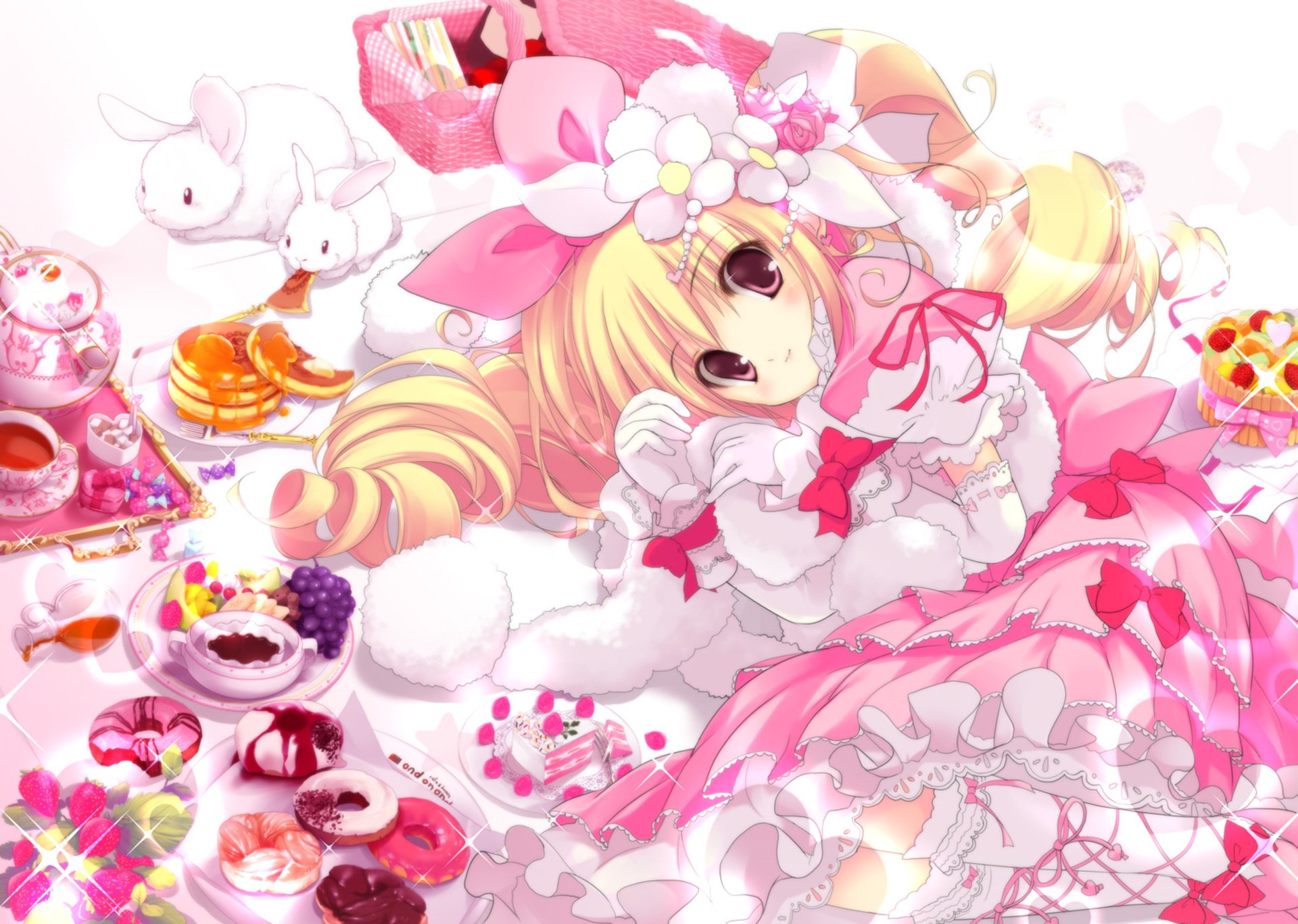 Blonde Bunny Tea Party — Original Anime HD Wallpaper | 1920x1367 ...