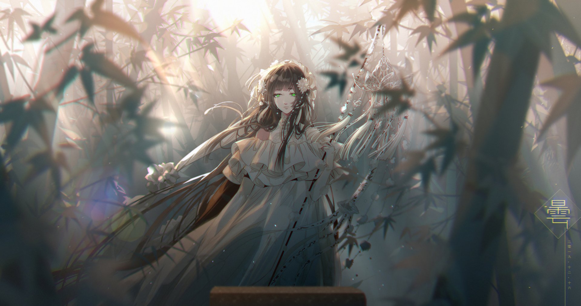 HD anime desktop wallpaper featuring an original character with striking green eyes surrounded by soft, ethereal light and delicate foliage.