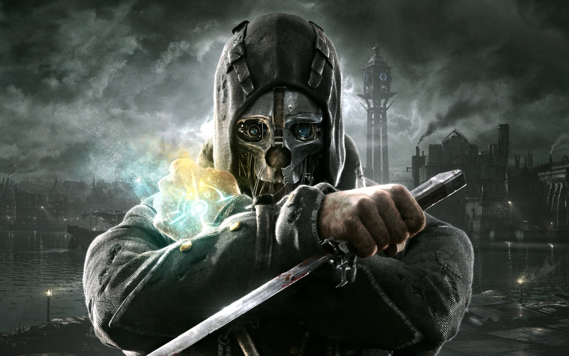 Dishonored video game 2K Quad HD PC desktop wallpaper: hooded masked assassin holds blade and glowing rune against a foggy industrial cityscape.