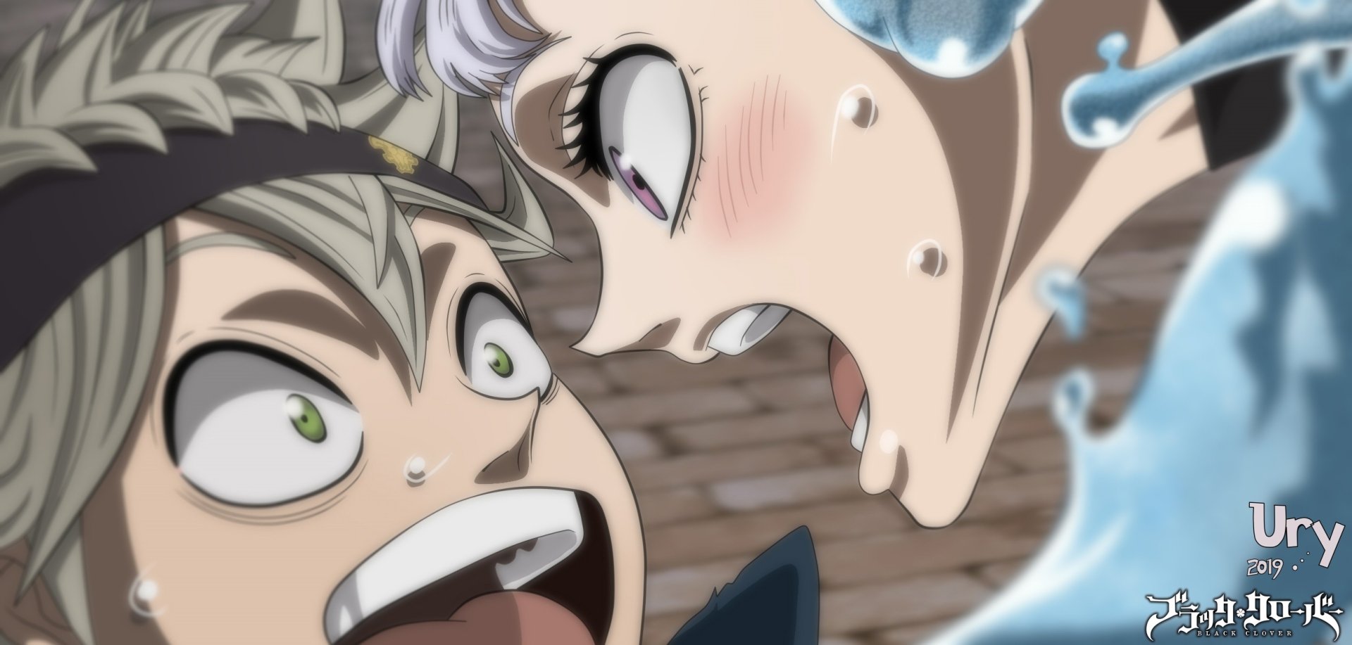 HD anime wallpaper featuring Noelle Silva and Asta from Black Clover in an intense, close-up moment with dynamic expressions.