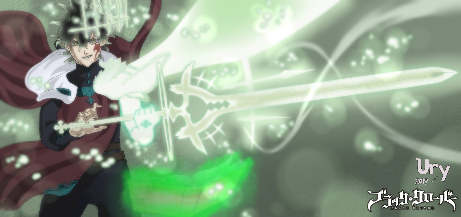 HD PC desktop wallpaper featuring Yuno from the anime Black Clover wielding glowing magical swords with vibrant green and white energy effects.