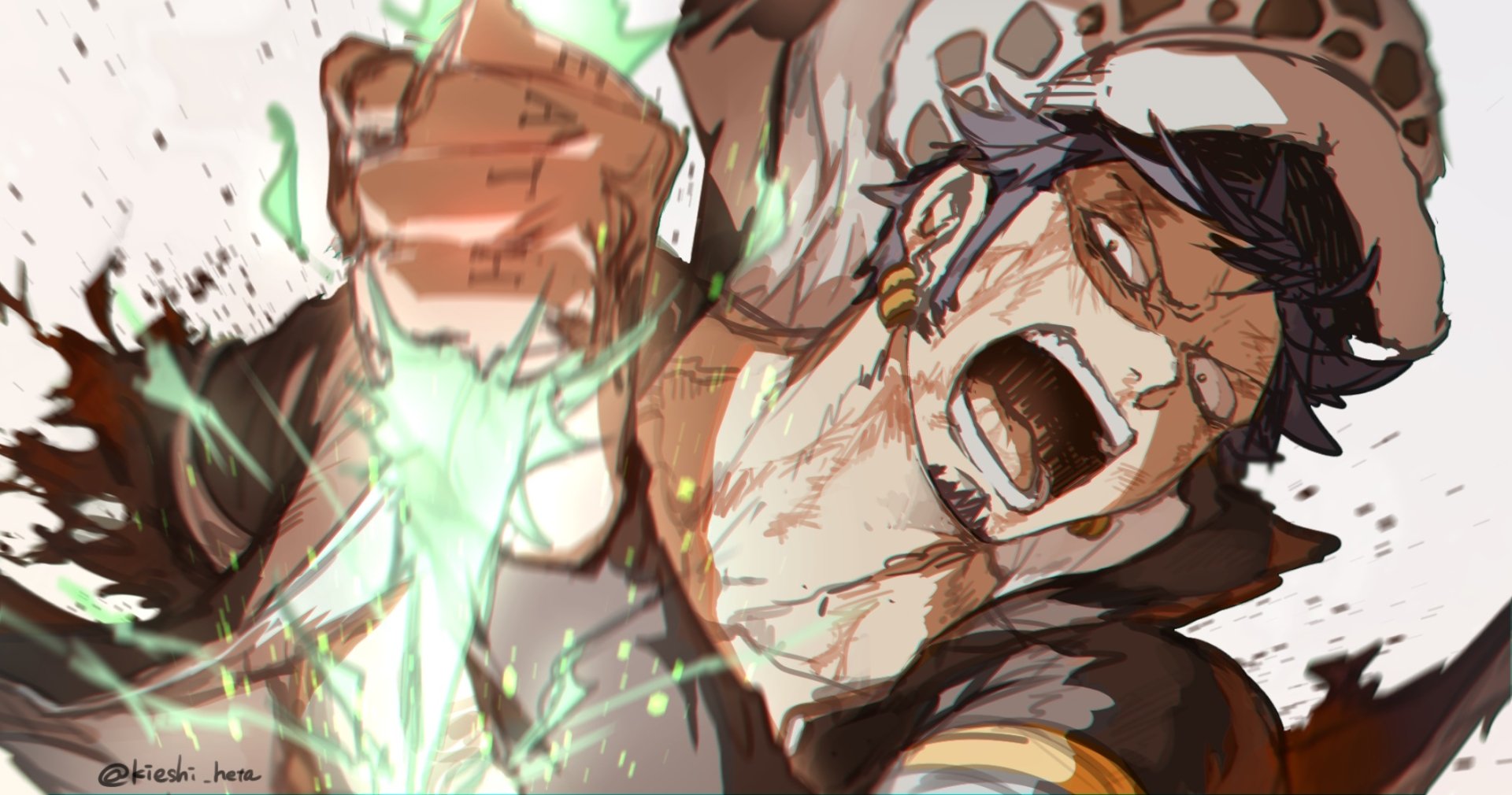 A dynamic HD wallpaper featuring Trafalgar Law from the anime One Piece, showcasing an intense moment with vibrant green energy and dramatic expression.