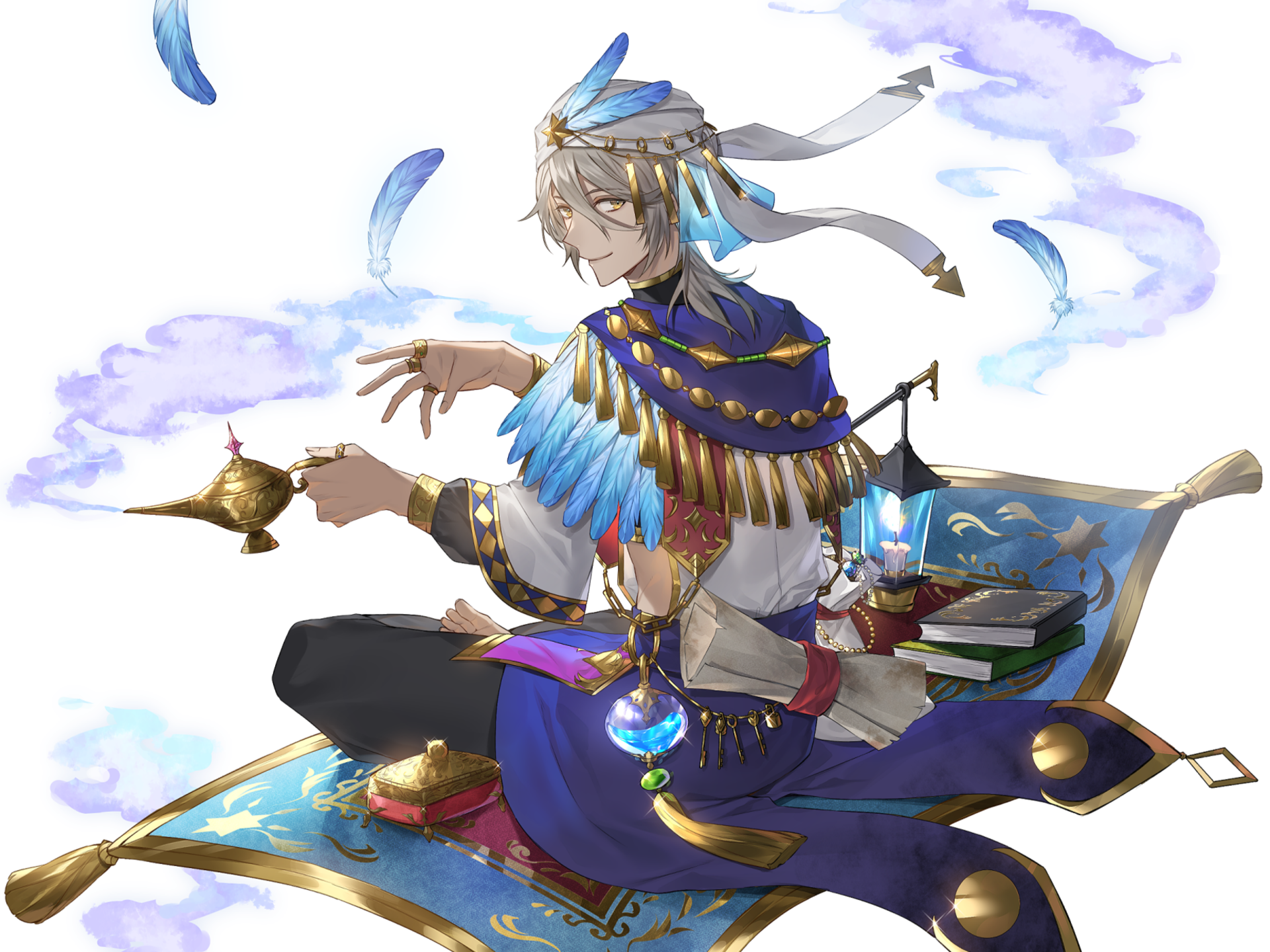 Anime original character with grey hair and yellow eyes in ornate blue-and-gold robes, holding a brass lamp amid floating feathers and books — HD PC desktop wallpaper/background