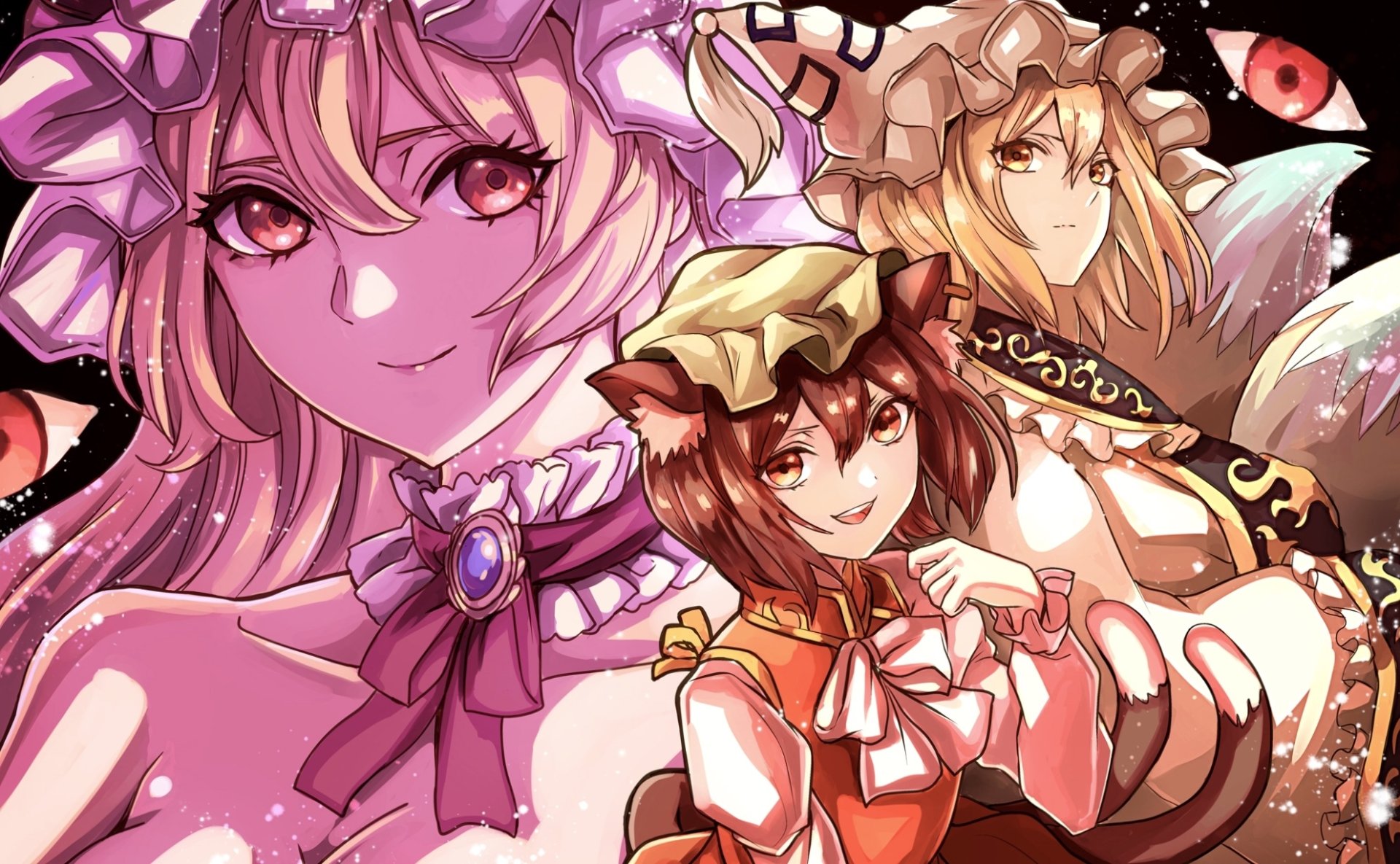 HD anime wallpaper featuring Touhou characters Chen, Ran Yakumo, and Yukari Yakumo in vibrant, detailed art style with dynamic poses and colorful background.