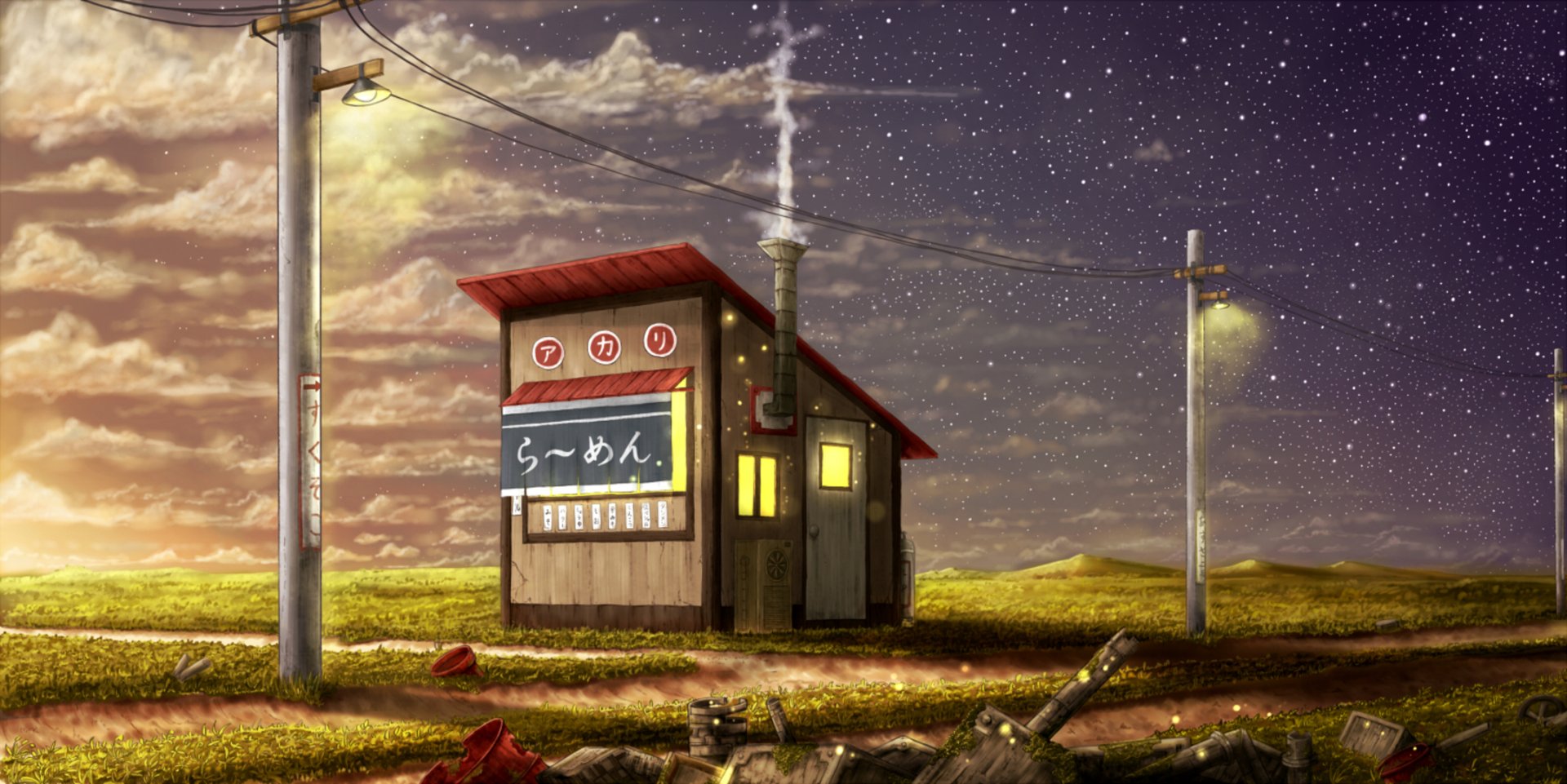 Anime-style HD desktop wallpaper depicting a countryside path leading to a small, illuminated ramen building under a starry sky with utility poles nearby.