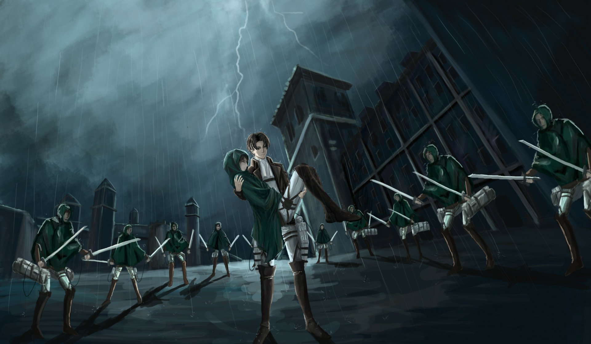 HD anime desktop wallpaper featuring Levi Ackerman from Attack on Titan, standing resilient in a dark, stormy scene surrounded by soldiers with swords drawn.