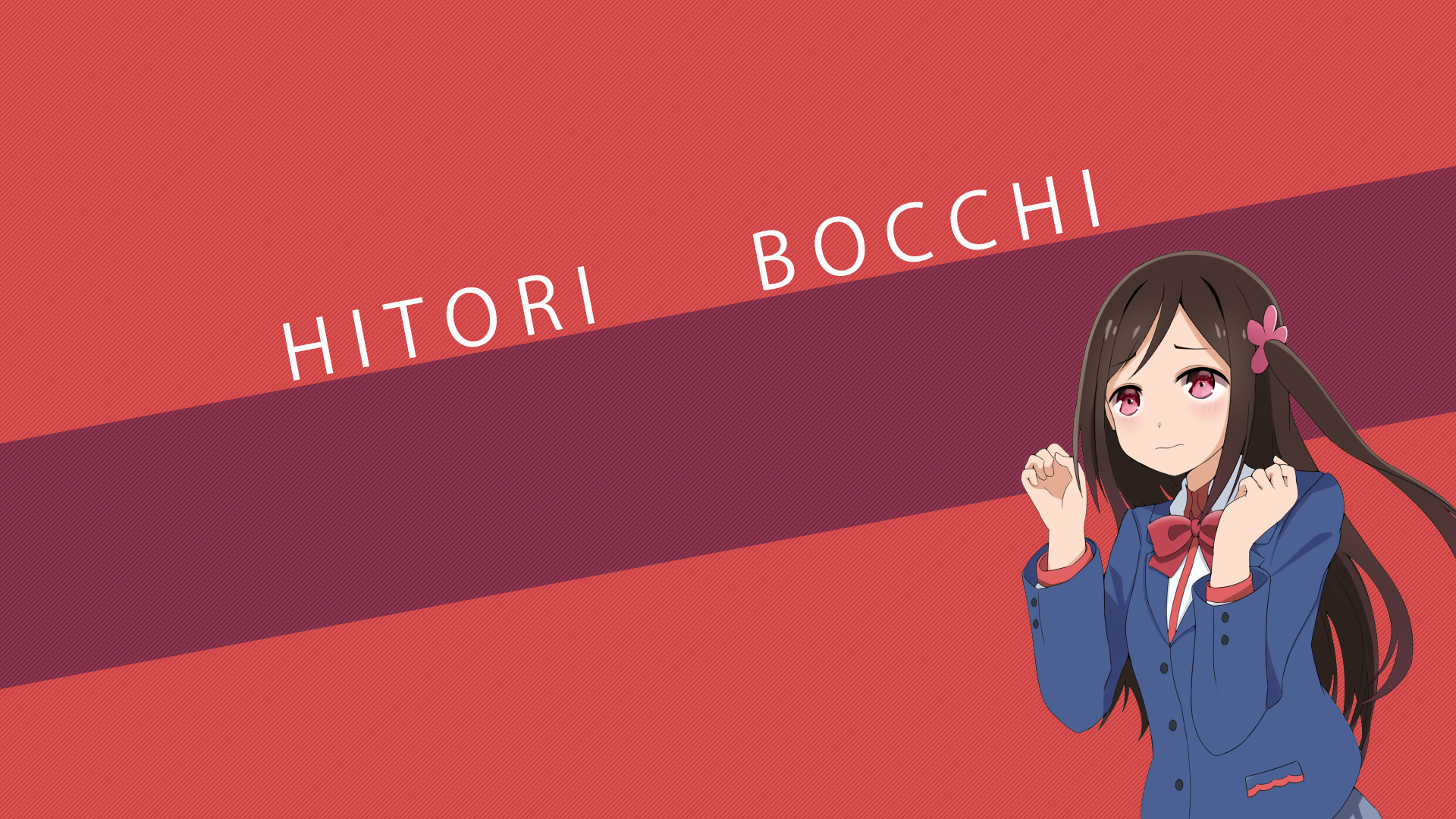 Hitori Bocchi (Bocchi Hitori) in a school uniform against a red diagonal stripe—4K Ultra HD anime PC desktop wallpaper from Hitori Bocchi no Marumaru Seikatsu.