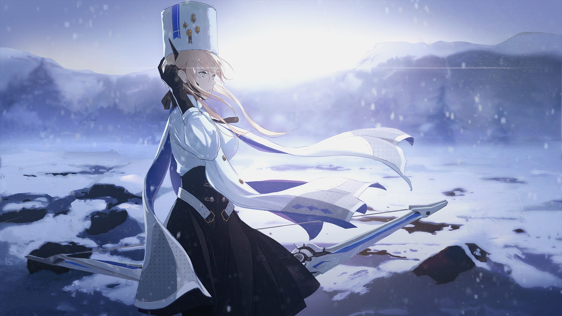 HD desktop wallpaper featuring a character with blonde hair, blue eyes, dressed in a white and black outfit with a bow, set against a snowy backdrop, from the video game Punishing: Gray Raven.