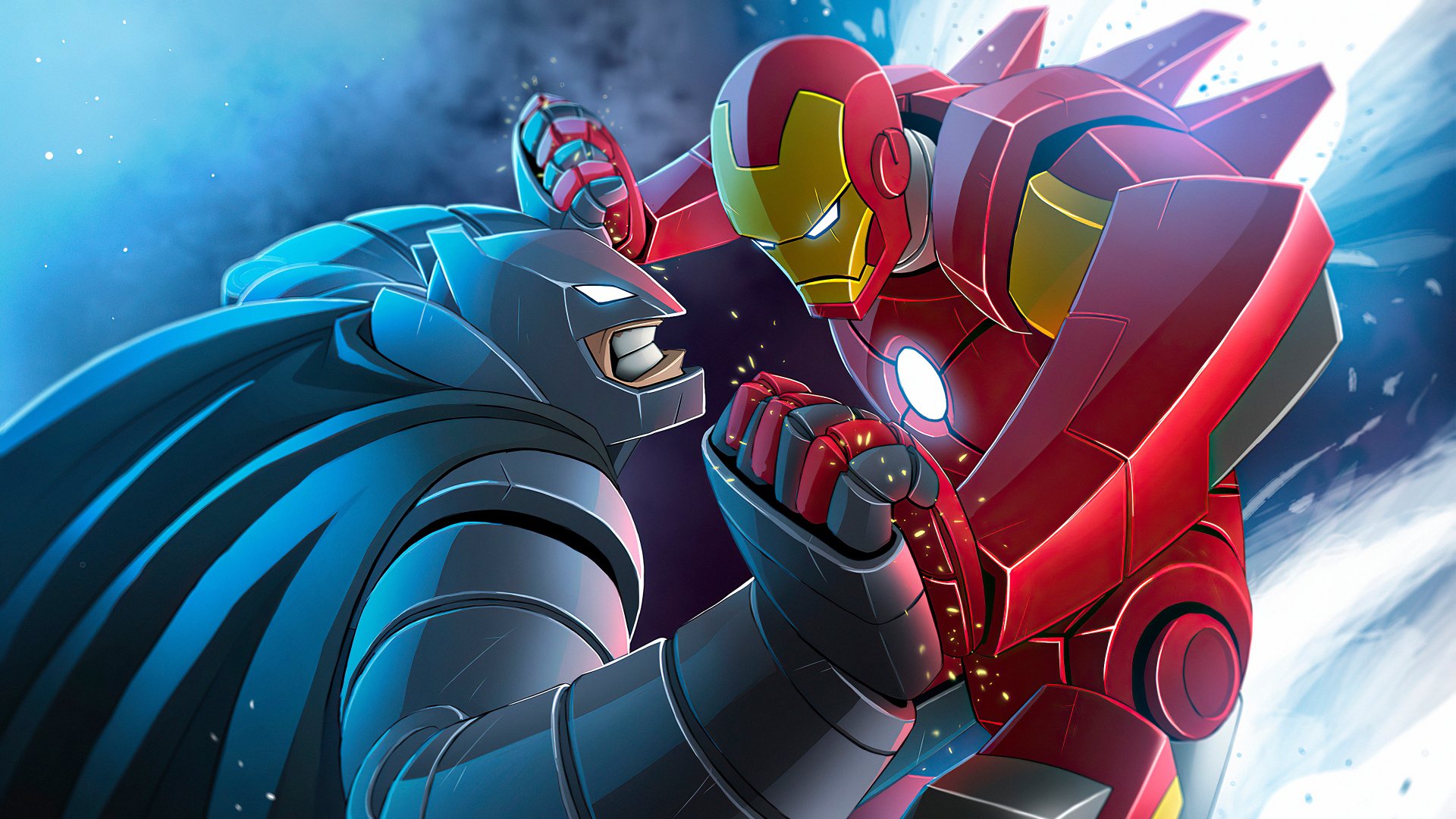 4K Ultra HD PC desktop wallpaper background: comic crossover of Batman (DC Comics) and Iron Man locked in a fierce armored clash, sparks and motion against a blue cosmic backdrop.