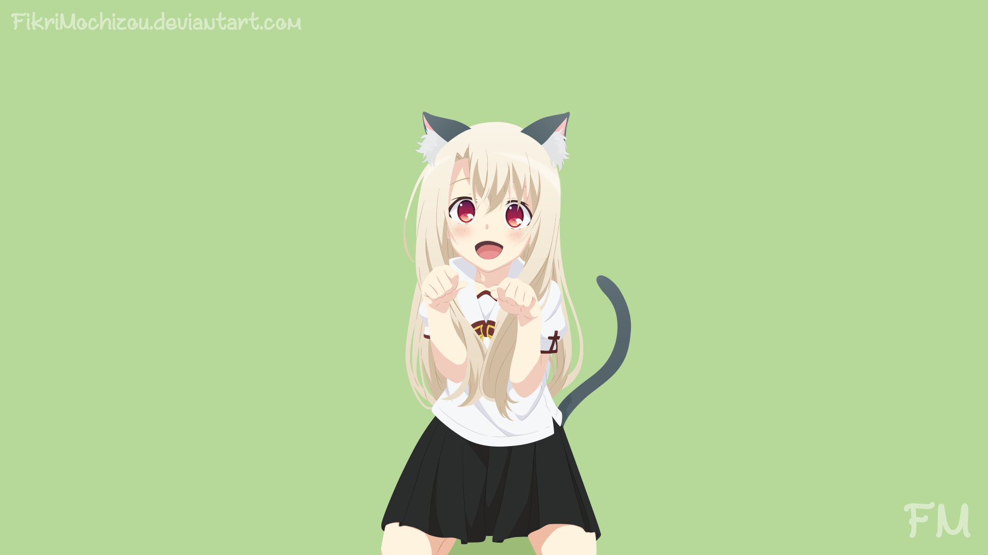 4K Ultra HD PC desktop wallpaper featuring Illyasviel Von Einzbern from Fate/Grand Order in anime style with cat ears and tail against a light green background.