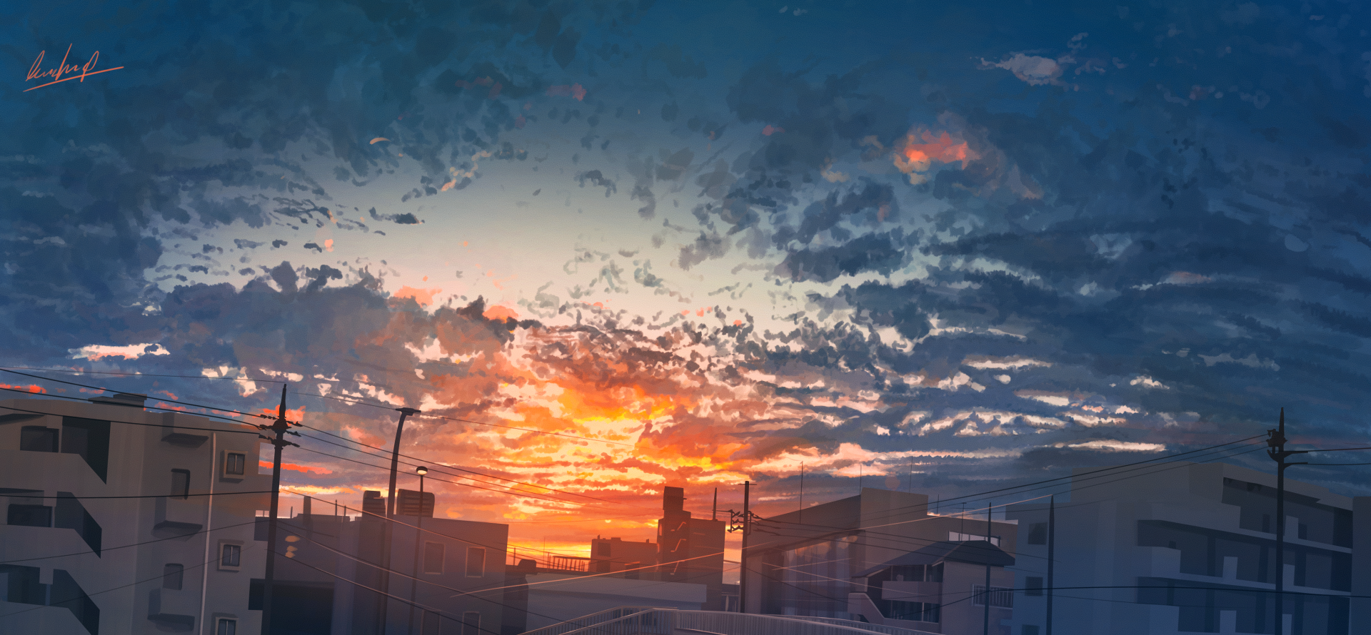 HD desktop wallpaper featuring an anime-style sunset with vibrant orange and blue hues over a cityscape, providing a serene and visually stunning background.