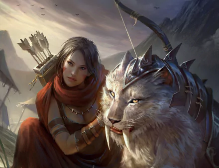 HD desktop wallpaper from the video game Legend Of The Cryptids featuring a woman warrior hunter with bow and arrows beside a fierce saber-toothed tiger.