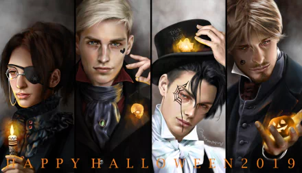 HD PC desktop wallpaper featuring anime characters Mike Zacharias, Hange Zoë, Erwin Smith, and Levi Ackerman from Attack on Titan with a Halloween theme.