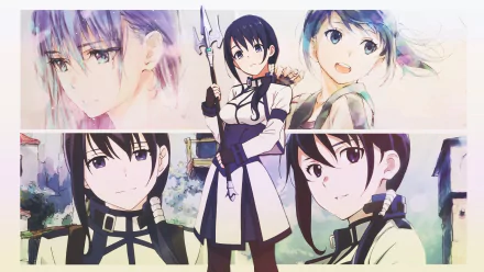 Anime HD PC desktop wallpaper/background featuring Mary (Grimgar of Fantasy and Ash) — collage of Mary in multiple poses, spear in hand, against a soft watercolor village backdrop.