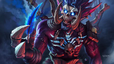 HD desktop wallpaper featuring Bwonsamdi, the undead troll loa from World of Warcraft, depicted with glowing blue eyes and tribal adornments in a dark, mystical setting.