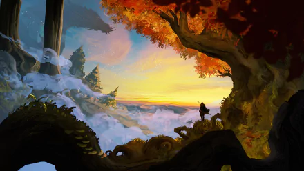 A fantasy painting featuring a dragon and a lone figure standing in a misty forest, illuminated by a vibrant sunset. This HD desktop wallpaper captures the interplay of light and nature's beauty.