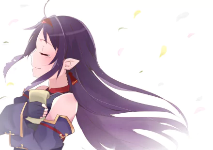 Yuuki Konno from Sword Art Online II, eyes closed and smiling, long purple hair flowing with pastel petals drifting — 5K Ultra HD anime PC desktop wallpaper/background.