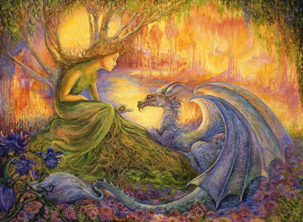 Vibrant colors show a sylvan fairy in a root gown meeting a winged dragon, exchanging a glowing orb amid mossy flowers in a magical forest — fantasy HD PC desktop wallpaper background.