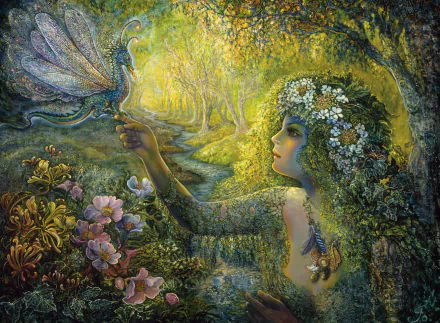  Girl in Forest holding Peacock by Josephine Wall