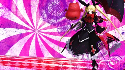 HD PC desktop wallpaper from the video game BlazBlue: Calamity Trigger, featuring a character in a black dress with a large bow and a flying red creature against a vibrant pink background.