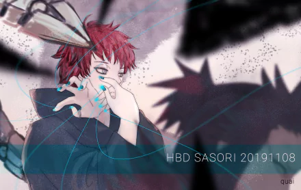 Sasori (Naruto) HD desktop wallpaper: red-haired puppet master holding blue puppet strings, pale face framed by red hair, shadowed silhouette and gritty textured backdrop.