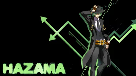 HD PC desktop wallpaper of Hazama from Blazblue, featuring anime-style art with dynamic green arrow graphics on a black background.