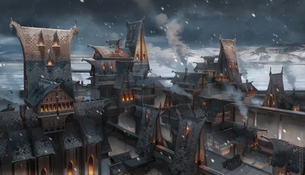 HD fantasy cityscape with dark, medieval-style buildings under a stormy sky, glowing warmly from within, captured as a detailed PC desktop wallpaper background.