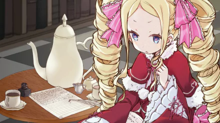 HD PC desktop wallpaper: Beatrice from Re:ZERO — anime portrait of the small blonde with drill curls and pink ribbons in a red frilled dress, seated by a teapot and handwritten pages.